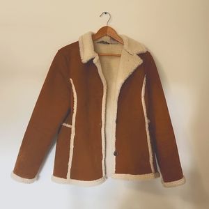 LL Bean Tan Brown Shearling Faux Fur Jacket Button Up